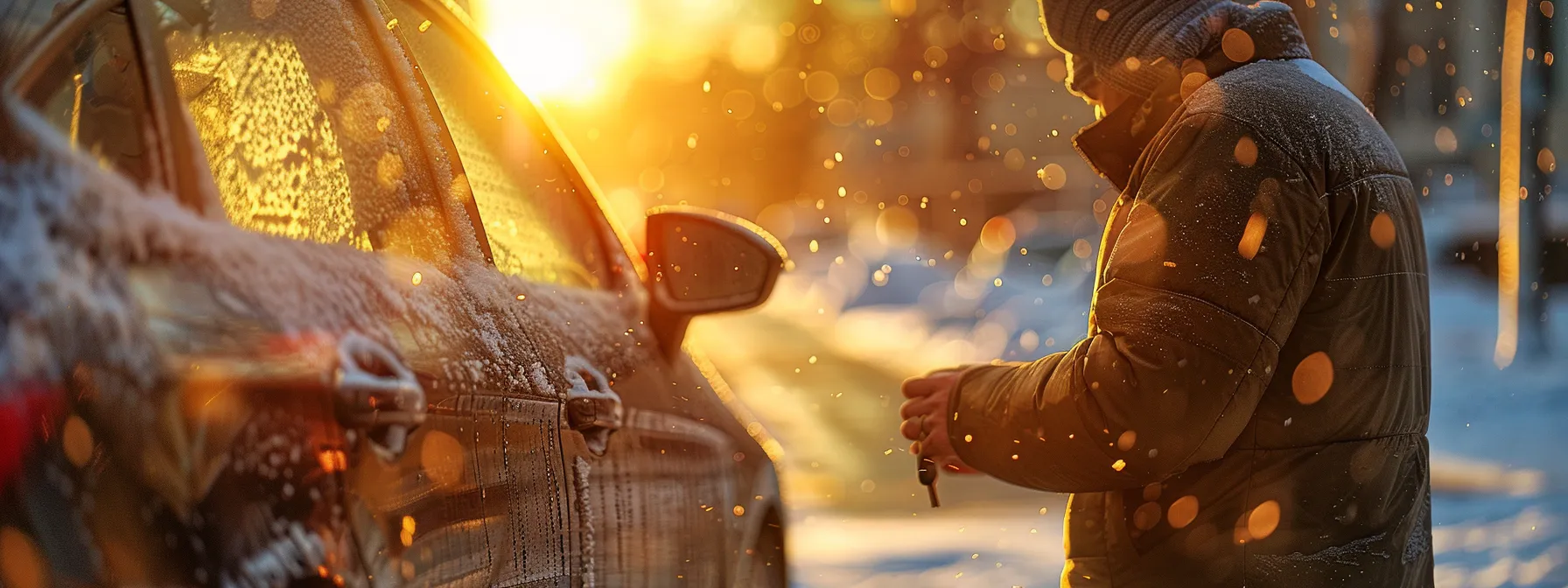 a person standing outside a car on a cold snowy day, looking through the window at the keys left inside, highlighting the frustration of accidental lockouts.