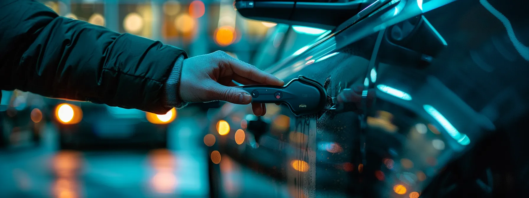 Comprehensive Guide to Solving Car Lockout Situations 3 a person using a slim jim to unlock a car door in a dimly lit parking lot.