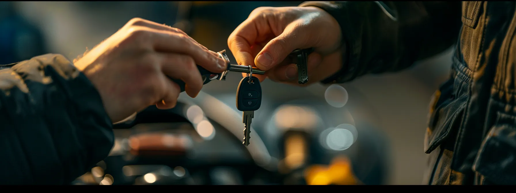 a professional locksmith carefully duplicating a car key with precision and accuracy to avoid costly mistakes and potential damages.