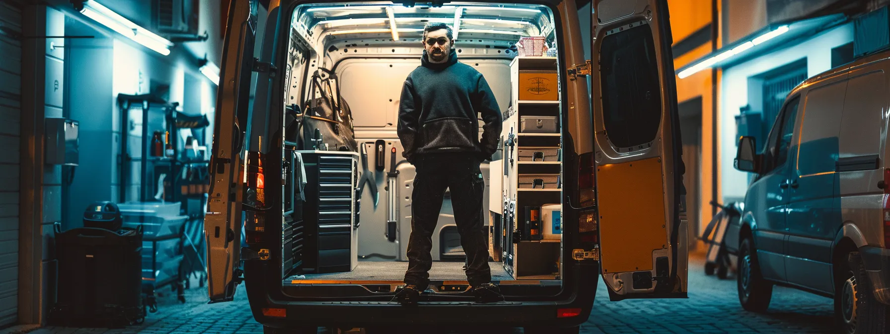 a professional locksmith in a branded van, displaying certifications, surrounded by positive customer reviews and transparent pricing information.