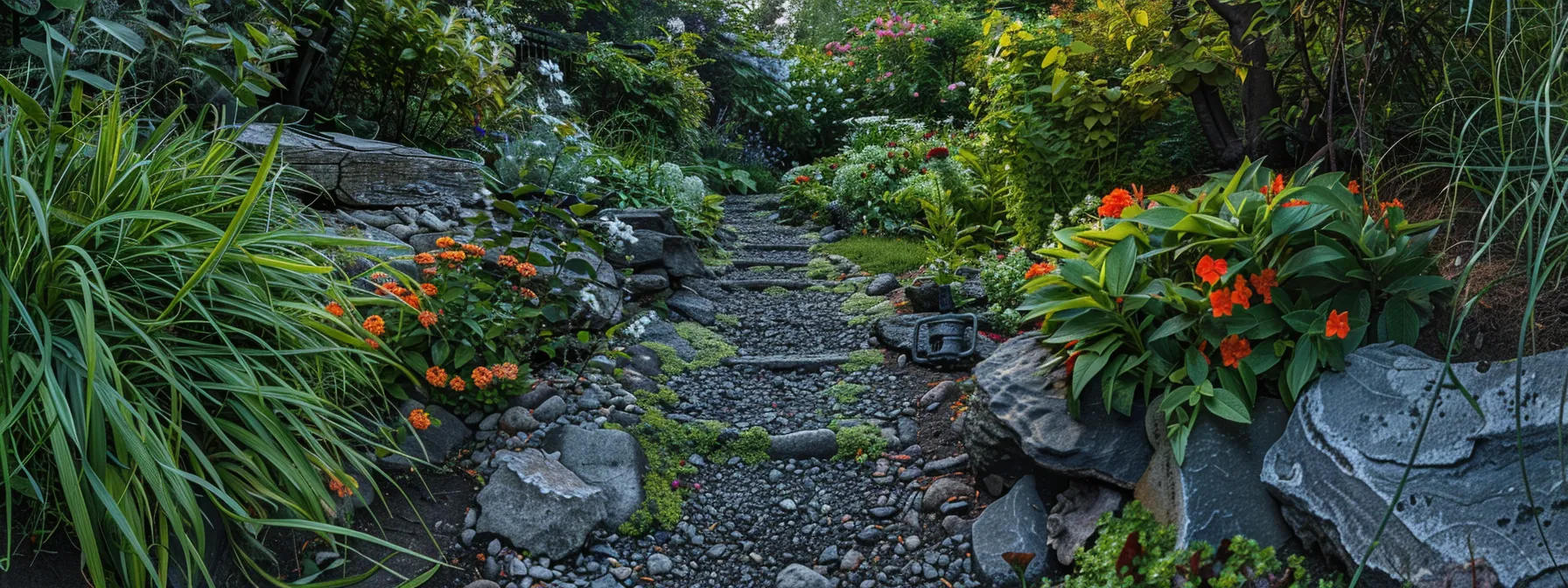 a rocky garden path leading to a hidden keysafe nestled among lush greenery and blooming flowers. a rocky garden path leading to a hidden keysafe nestled among lush greenery and blooming flowers.