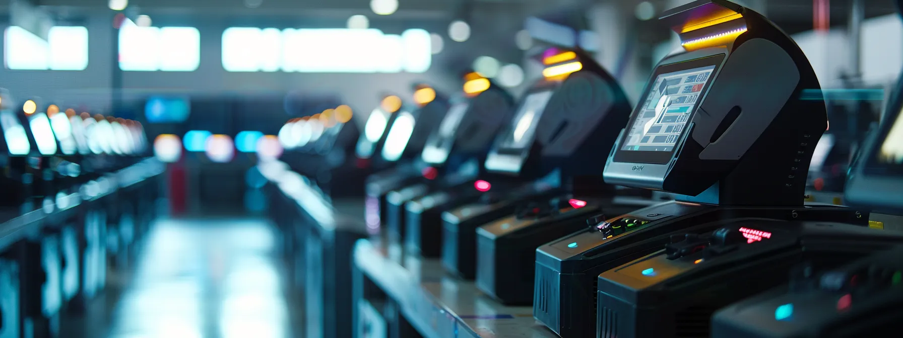 a row of sleek, high-tech computerized key cutting machines lined up in a bright, modern workshop.