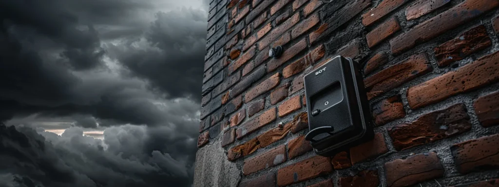 a rugged, weatherproof keysafe mounted securely on a brick wall with a backdrop of dark storm clouds.