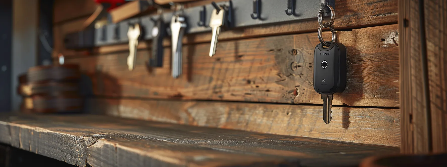 a set of shiny spare keys hanging on a rustic key holder next to a high-tech key tracking device, with a modern keyless entry system in the background, all surrounded by sturdy locks and locksmith contact information.