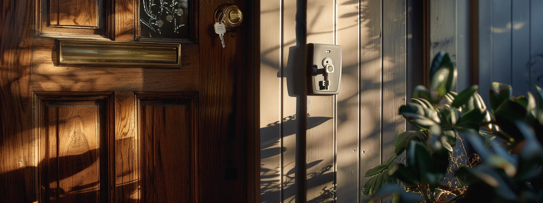 a set of spare keys hanging on a hook next to a front door, a keyless entry pad installed beside the door, and a locksmith checking the lock mechanism inside the house.