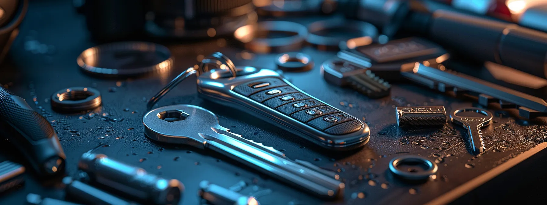 a shiny, durable car key surrounded by tools, symbolizing quality assurance and service guarantees.