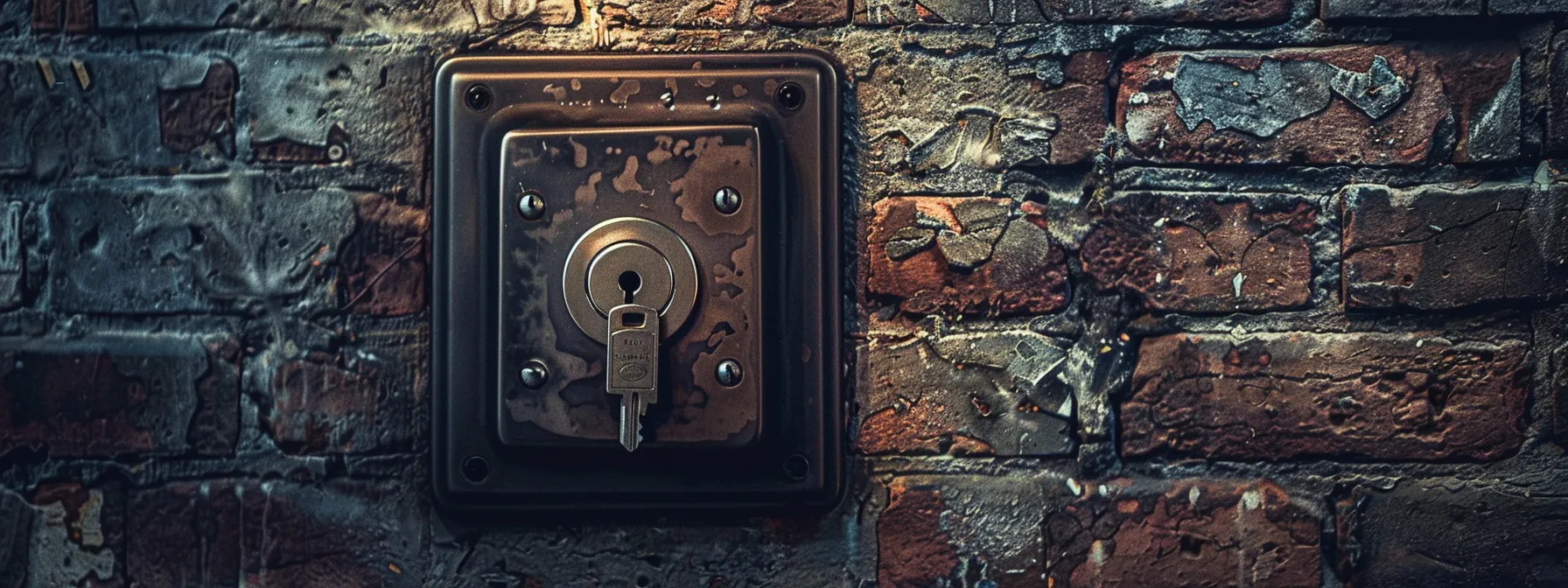 a shiny, heavy-duty key safe mounted securely on a brick wall outside a home, providing a secure and accessible storage solution for spare keys.