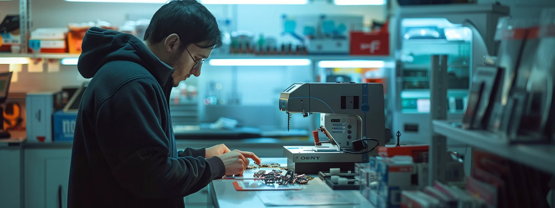 a shop owner carefully comparing prices, features, and quality of different commercial key cutting machines, surrounded by brochures and supplier deals, with a futuristic machine in the background.