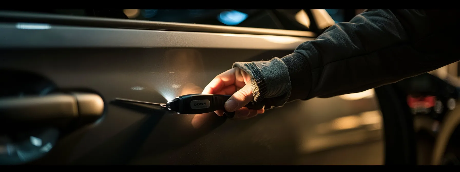 a skilled locksmith expertly opens a car door with precision tools, showcasing professionalism and expertise in action.