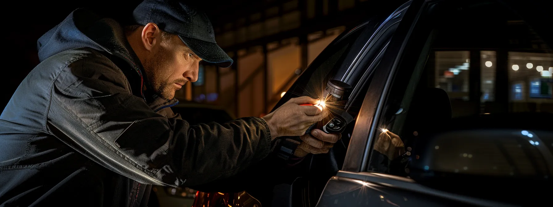 a skilled locksmith using advanced tools effortlessly unlocks a car door at night, ensuring a quick and damage-free solution for a distressed client.