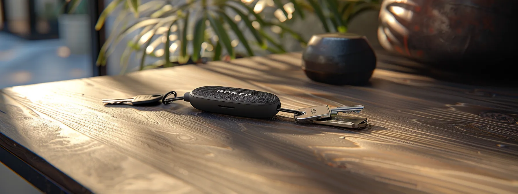 a sleek key tracker device attached to a set of car keys on a stylish keychain, sitting on a sleek modern entryway table.