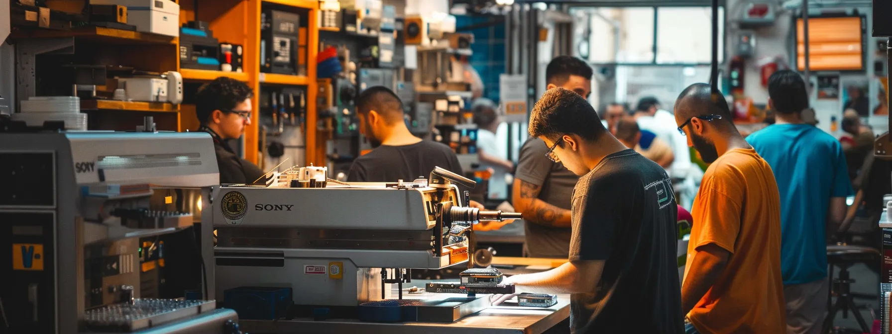 a sleek, modern key cutting machine surrounded by satisfied customers in a bustling locksmith shop.