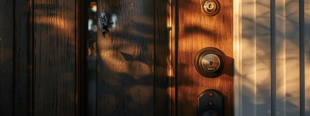 a sleek, modern smart lock being installed on a sturdy front door, adding a high-tech layer of security to a home.