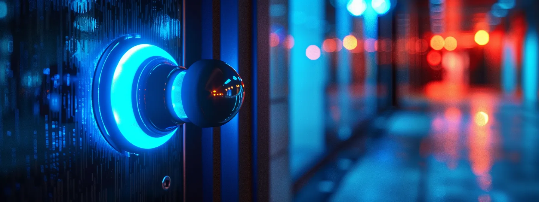 a sleek, modern smart lock in action, glowing with futuristic blue lights, granting keyless access to a secure home.