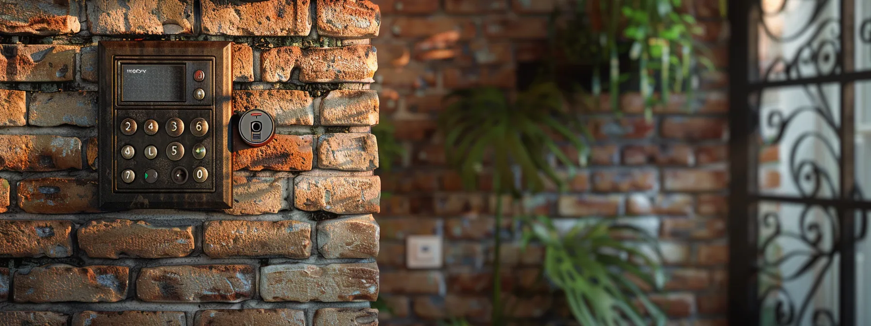 a sturdy outdoor keysafe mounted securely on a brick wall with a keypad for access, highlighting the importance of home security and key storage. a sturdy outdoor keysafe mounted securely on a brick wall with a keypad for access, highlighting the importance of home security and key storage.