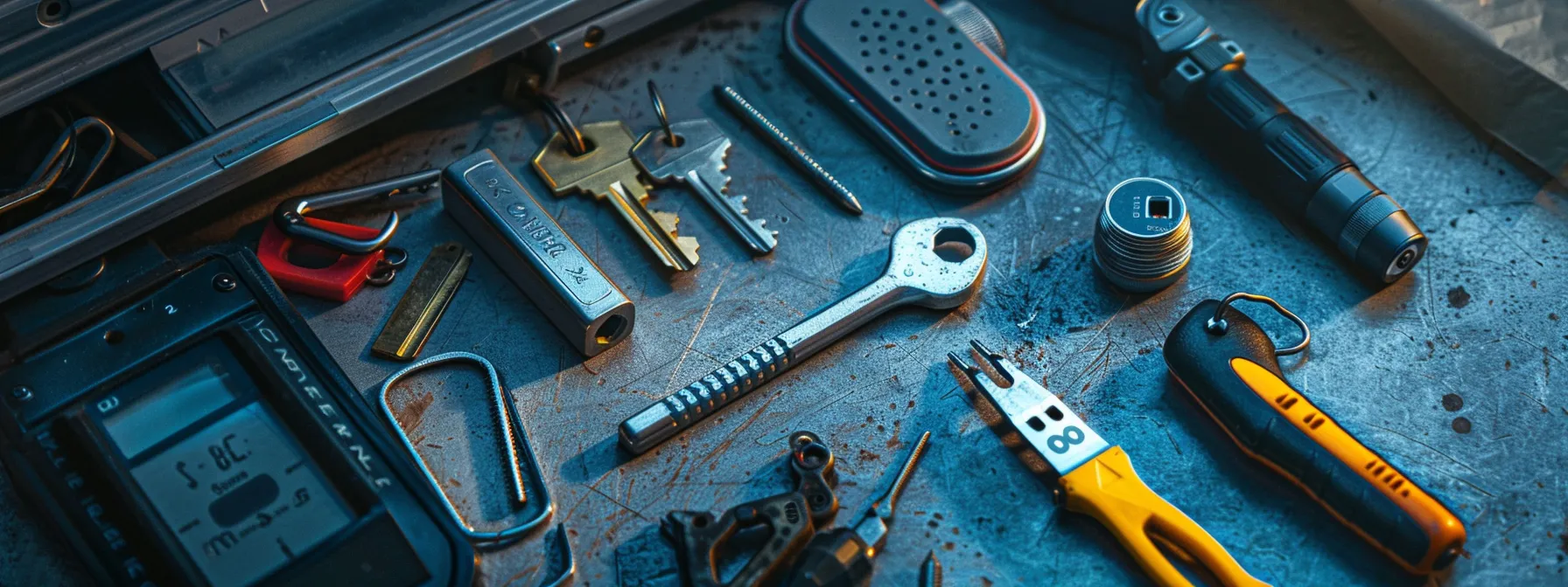 a torx screwdriver, weatherproof combination lock, and safety equipment laid out on a table, ready for key safe installation. a torx screwdriver, weatherproof combination lock, and safety equipment laid out on a table, ready for key safe installation.
