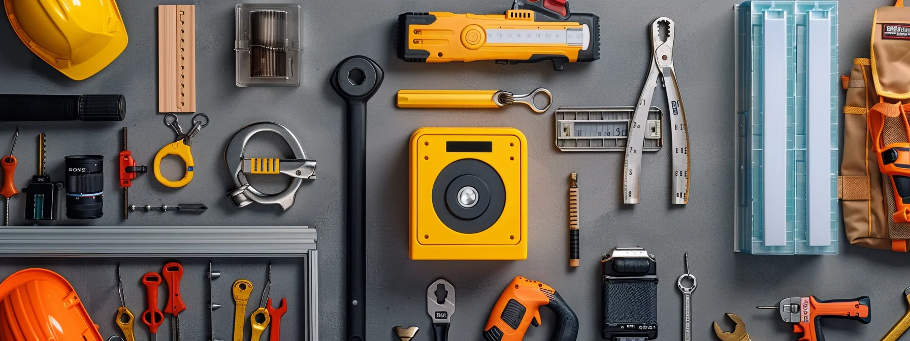 a wall-mounted keysafe surrounded by various tools and safety gear, ready for installation.