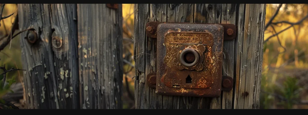 a weathered, rusted keysafe hangs securely on a weather-beaten fence post in a rustic backyard.