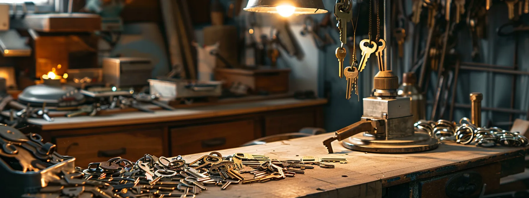 a well-lit workshop with a modern key cutting machine, surrounded by various types of keys and engraved keychains, showcasing efficiency and versatility in business needs assessment.