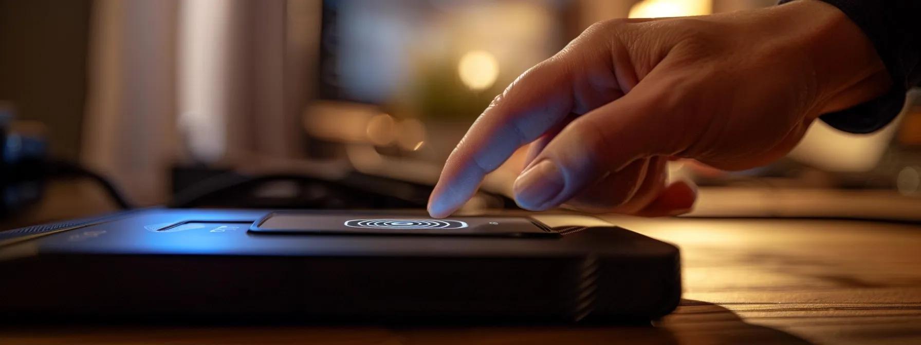 a close-up photo of a person's hand struggling to place their fingerprint on a biometric keysafe, with a tangled power cord and misaligned device in the background. a close-up photo of a person's hand struggling to place their fingerprint on a biometric keysafe, with a tangled power cord and misaligned device in the background.