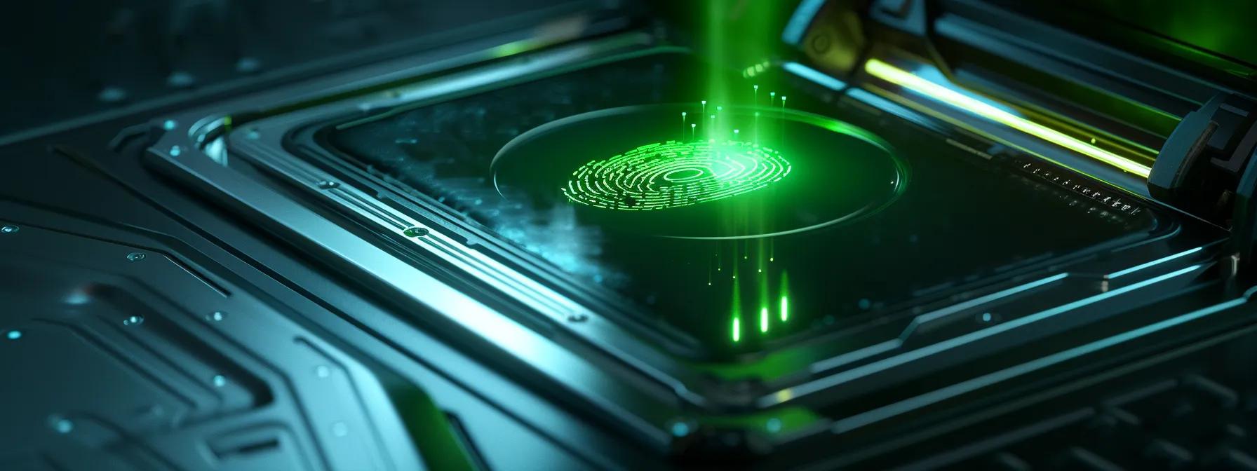 a close-up shot of a high-tech fingerprint scanner glowing with a green light, ensuring precise biometric verification for enhanced protection. a close-up shot of a high-tech fingerprint scanner glowing with a green light, ensuring precise biometric verification for enhanced protection.