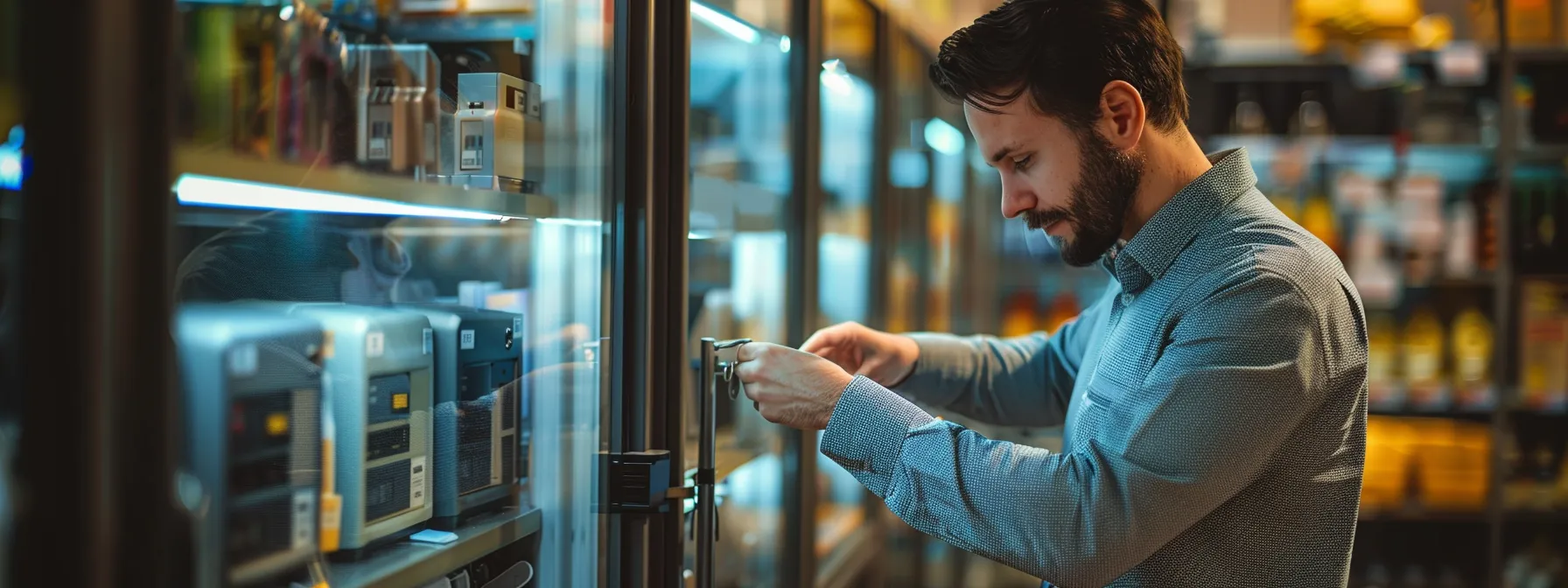 a homeowner carefully comparing different outdoor key safes at a well-lit hardware store, evaluating the features and prices with a focused expression. a homeowner carefully comparing different outdoor key safes at a well-lit hardware store, evaluating the features and prices with a focused expression.