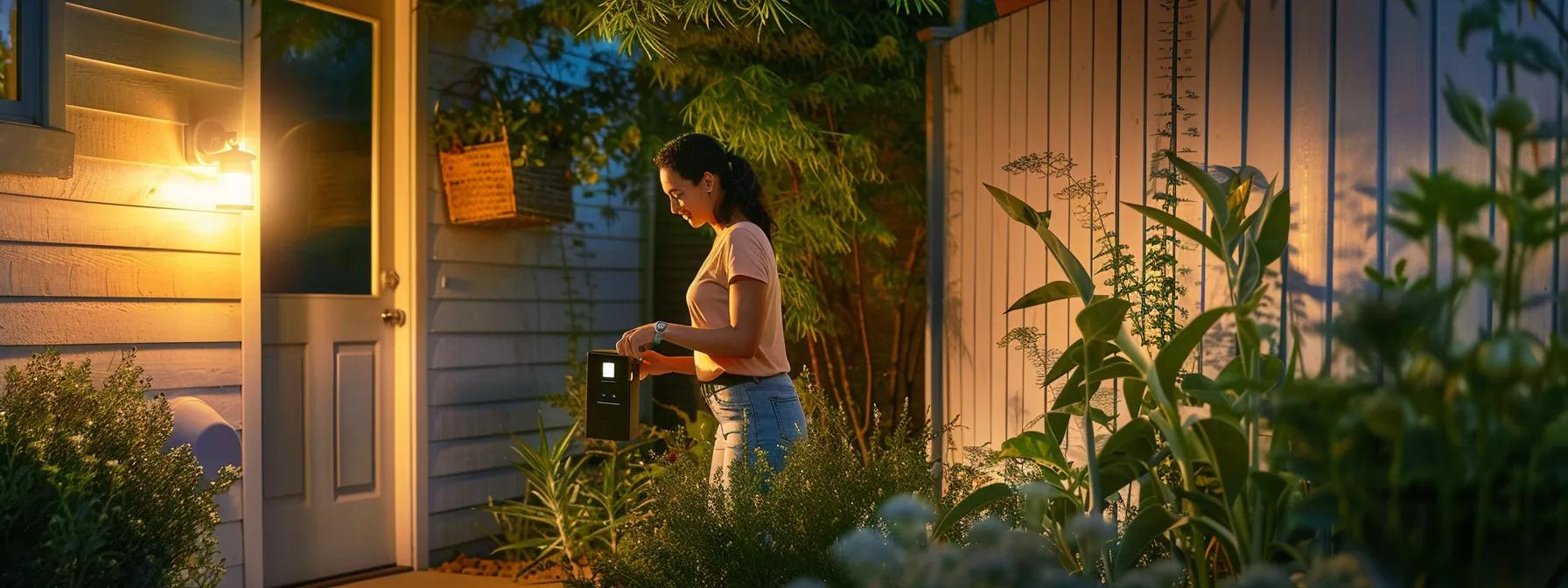 a homeowner examining a sturdy, weather-resistant outdoor keysafe with remote control access and top-of-the-line security features in a well-lit backyard setting. a homeowner examining a sturdy, weather-resistant outdoor keysafe with remote control access and top-of-the-line security features in a well-lit backyard setting.