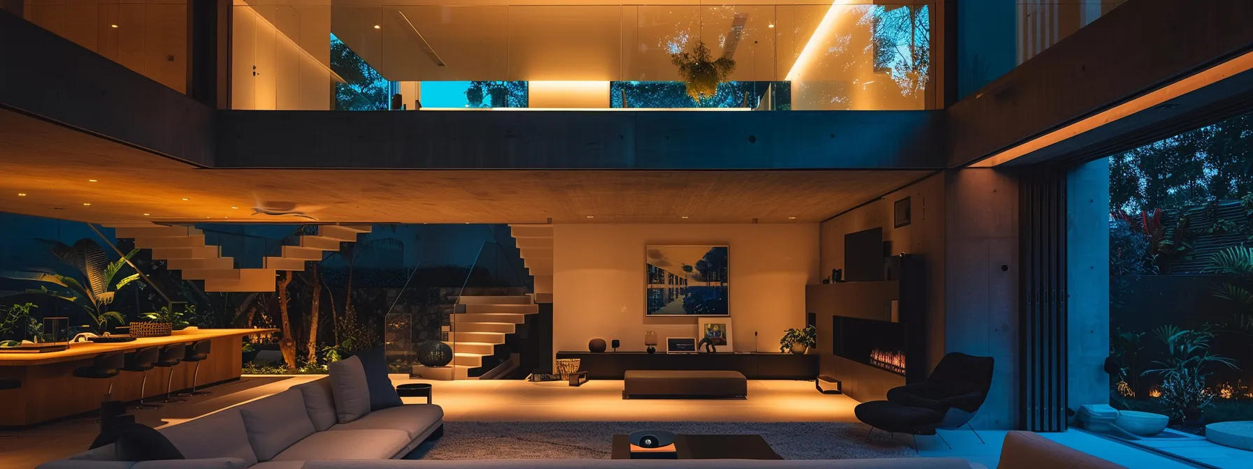 a modern home with a high-tech security system, illuminated by soft ambient lighting, showcasing a sleek and futuristic design. a modern home with a high-tech security system, illuminated by soft ambient lighting, showcasing a sleek and futuristic design.