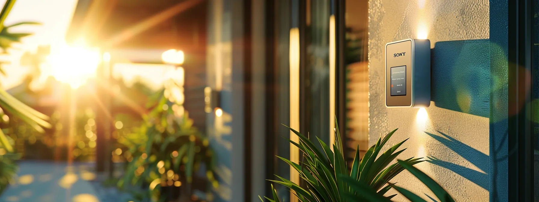 a modern smart outdoor keysafe installed on a sleek front porch, shining under the sunlight with its digital display glowing brightly. a modern smart outdoor keysafe installed on a sleek front porch, shining under the sunlight with its digital display glowing brightly.