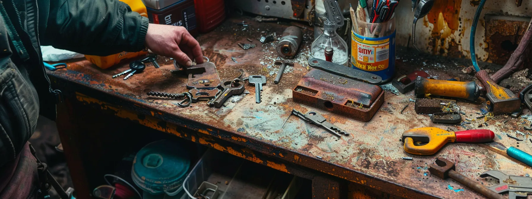 a person carefully examining a rusty and jammed keysafe, with tools and cleaning supplies nearby, in order to troubleshoot common issues and ensure security and functionality. a person carefully examining a rusty and jammed keysafe, with tools and cleaning supplies nearby, in order to troubleshoot common issues and ensure security and functionality.