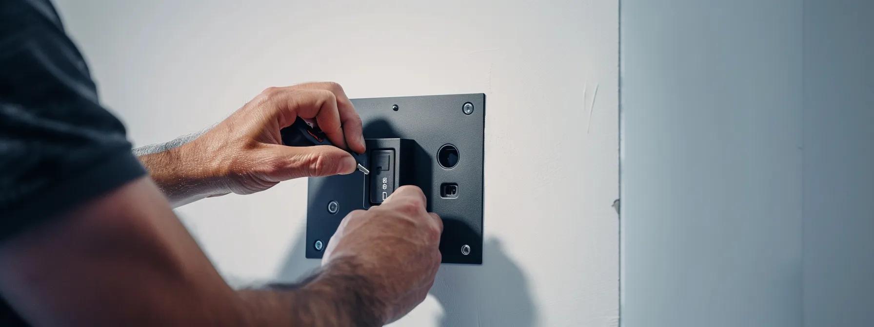 a professional locksmith carefully aligning and securing a biometric keysafe onto a pristine white wall, ensuring stability and precision in the installation process. a professional locksmith carefully aligning and securing a biometric keysafe onto a pristine white wall, ensuring stability and precision in the installation process.