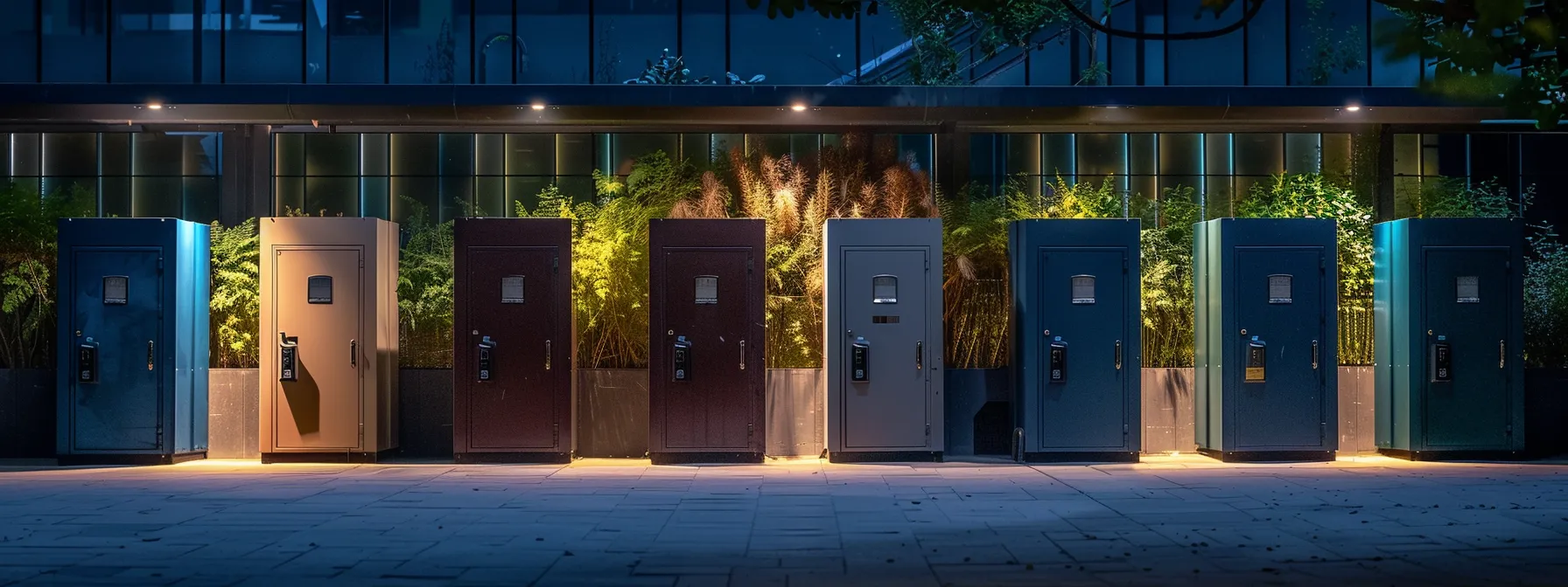 a row of outdoor key safes from various brands, each showcasing unique features and designs in a secure outdoor setting. a row of outdoor key safes from various brands, each showcasing unique features and designs in a secure outdoor setting.