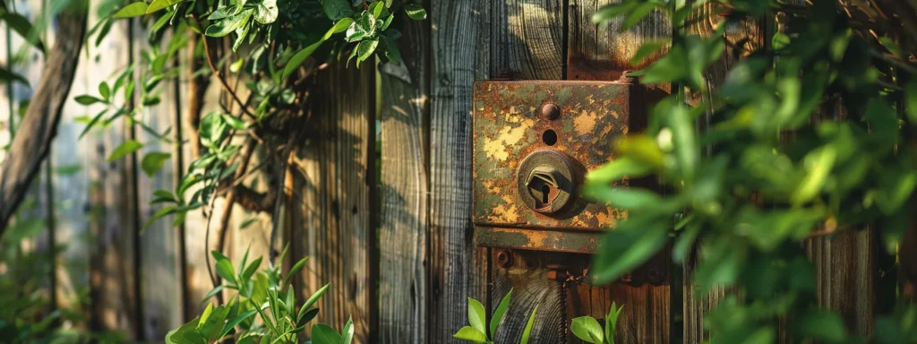 a rusted, weathered keysafe hanging on a faded wooden fence in a lush green garden.