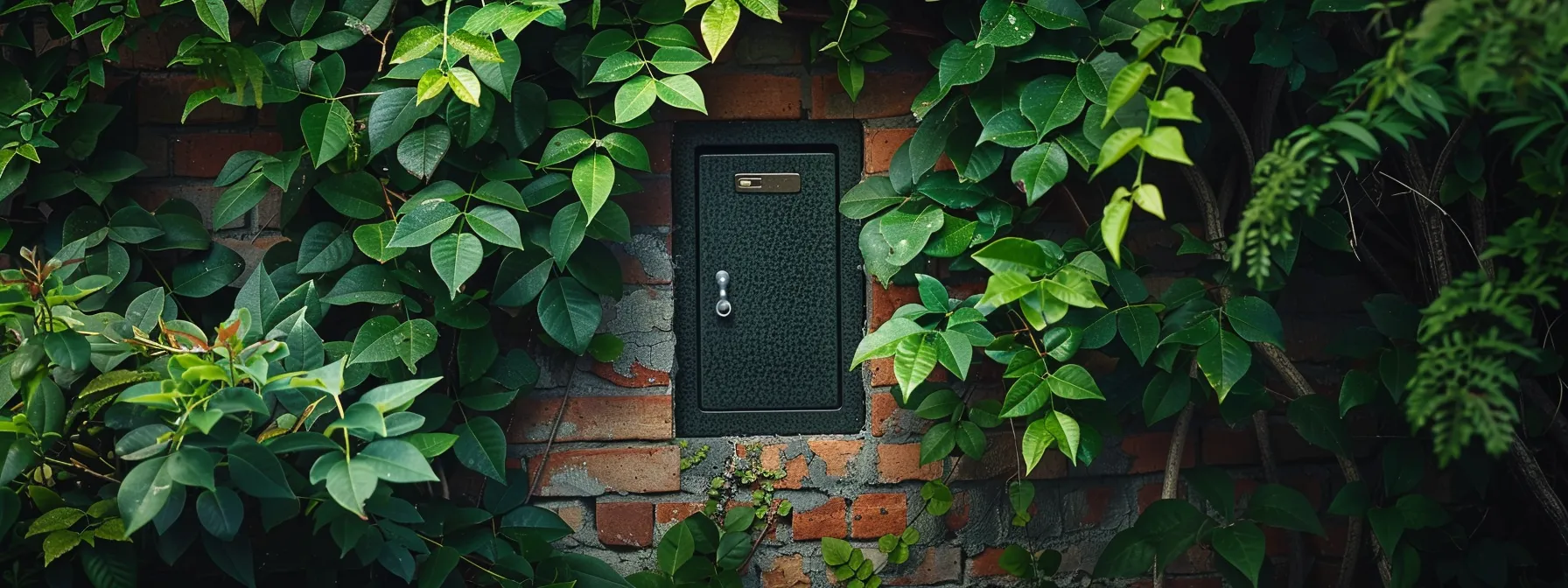 a secure outdoor key safe mounted on a sturdy brick wall, surrounded by vibrant green foliage. a secure outdoor key safe mounted on a sturdy brick wall, surrounded by vibrant green foliage.