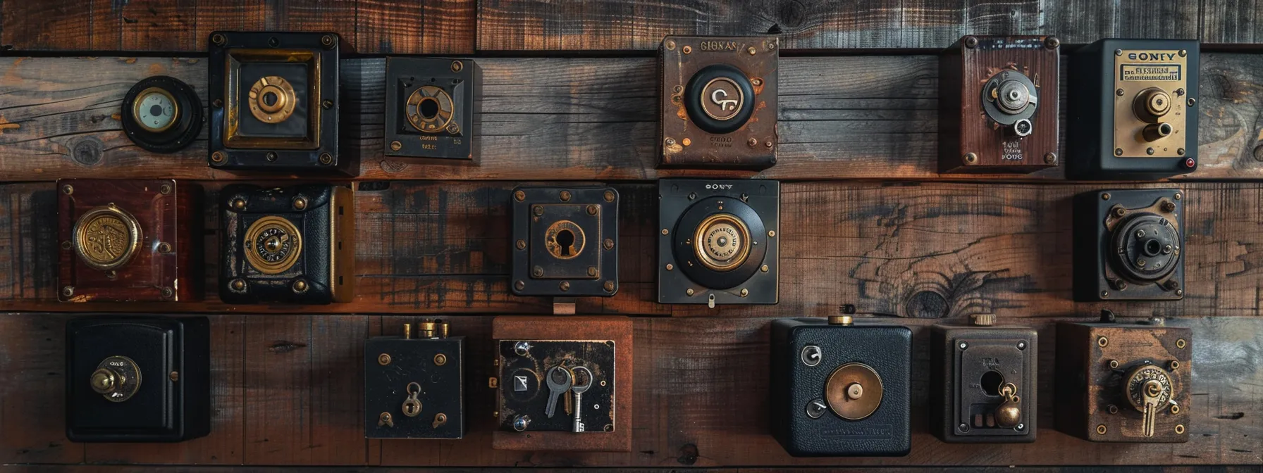 a selection of outdoor key safes displayed against a rustic wooden backdrop, showcasing mechanical and electronic models with key override options for added convenience. a selection of outdoor key safes displayed against a rustic wooden backdrop, showcasing mechanical and electronic models with key override options for added convenience.