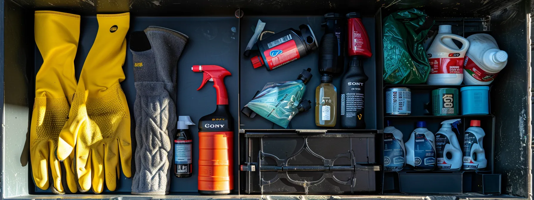 a set of cleaning supplies, protective gear, and lubricants laid out neatly next to an outdoor keysafe, ready for maintenance. a set of cleaning supplies, protective gear, and lubricants laid out neatly next to an outdoor keysafe, ready for maintenance.