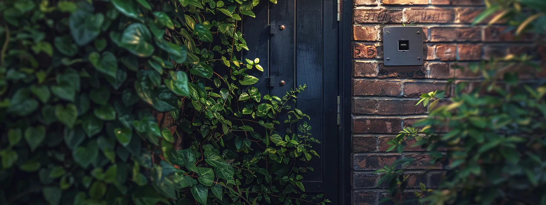 a shiny keysafe securely mounted on a brick wall, hidden behind lush green foliage, with a unique access code visible. a shiny keysafe securely mounted on a brick wall, hidden behind lush green foliage, with a unique access code visible.