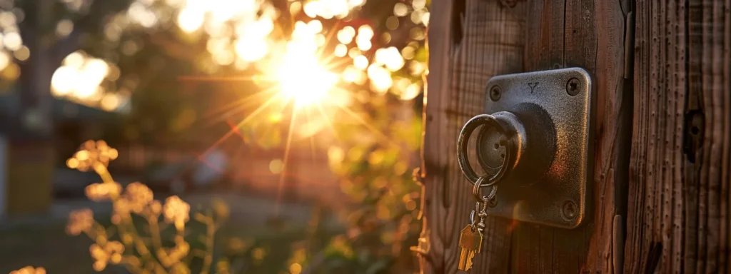 a shiny, weather-resistant outdoor keysafe hanging on a rustic wooden fence post under the bright sun.