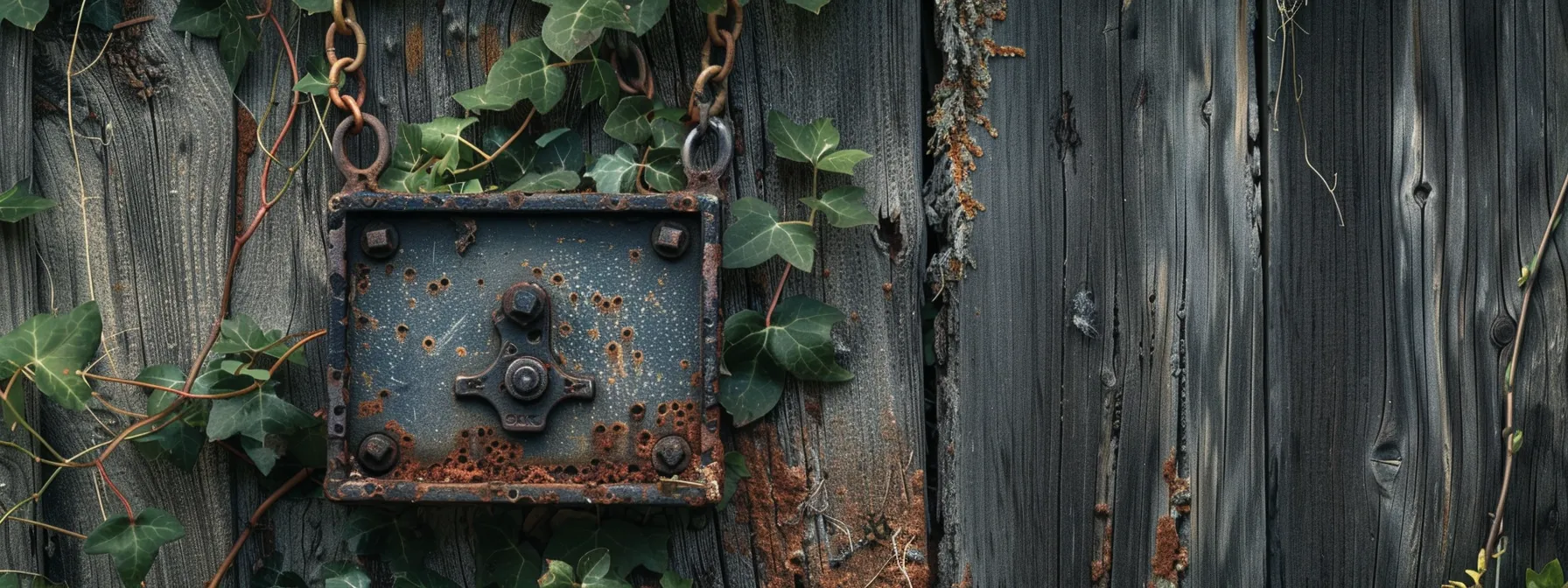 a weathered outdoor keysafe hanging by a rusted chain on a wooden fence, surrounded by overgrown weeds, emphasizing the importance of regular maintenance. a weathered outdoor keysafe hanging by a rusted chain on a wooden fence, surrounded by overgrown weeds, emphasizing the importance of regular maintenance.