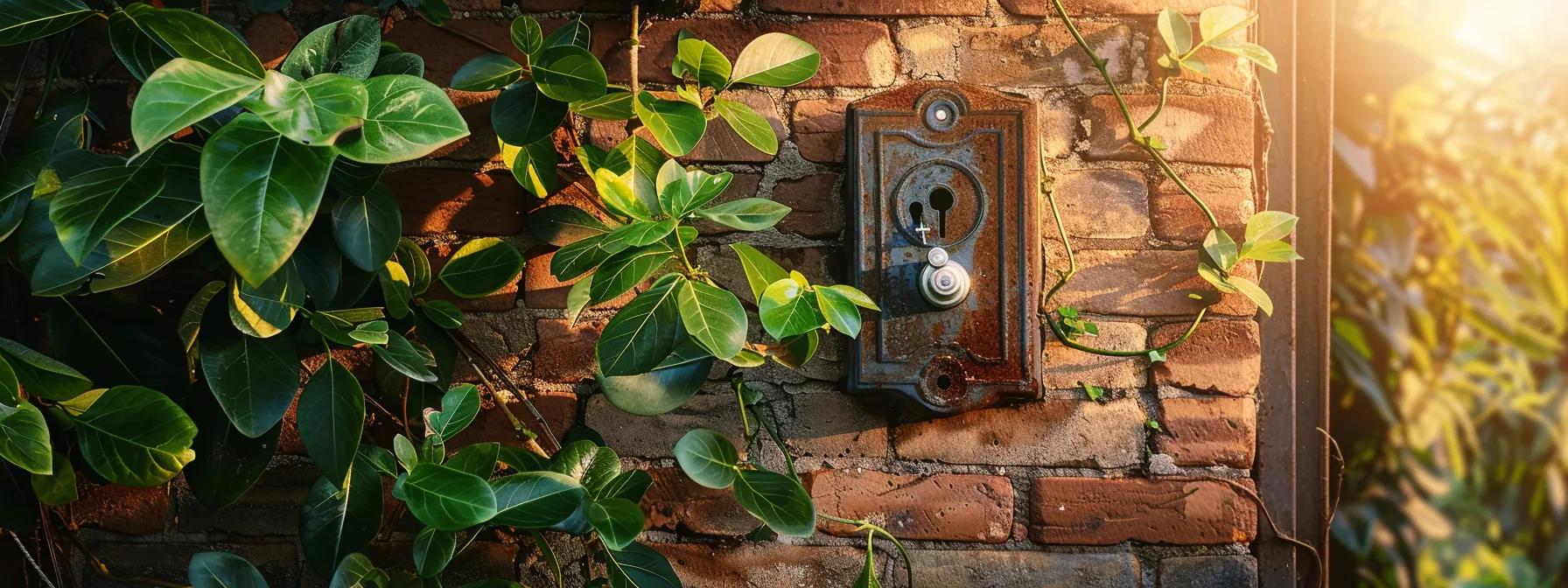 a weathered, rust-resistant outdoor keysafe hangs proudly on a sturdy brick wall, surrounded by vibrant green plants and a shining sun. a weathered, rust-resistant outdoor keysafe hangs proudly on a sturdy brick wall, surrounded by vibrant green plants and a shining sun.