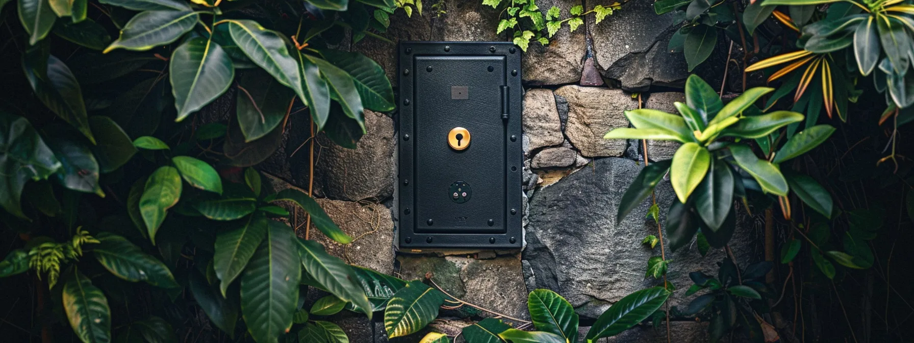 an elegant, weatherproof keysafe mounted discreetly on a stone wall surrounded by lush greenery, symbolizing enhanced home security through best practices. an elegant, weatherproof keysafe mounted discreetly on a stone wall surrounded by lush greenery, symbolizing enhanced home security through best practices.