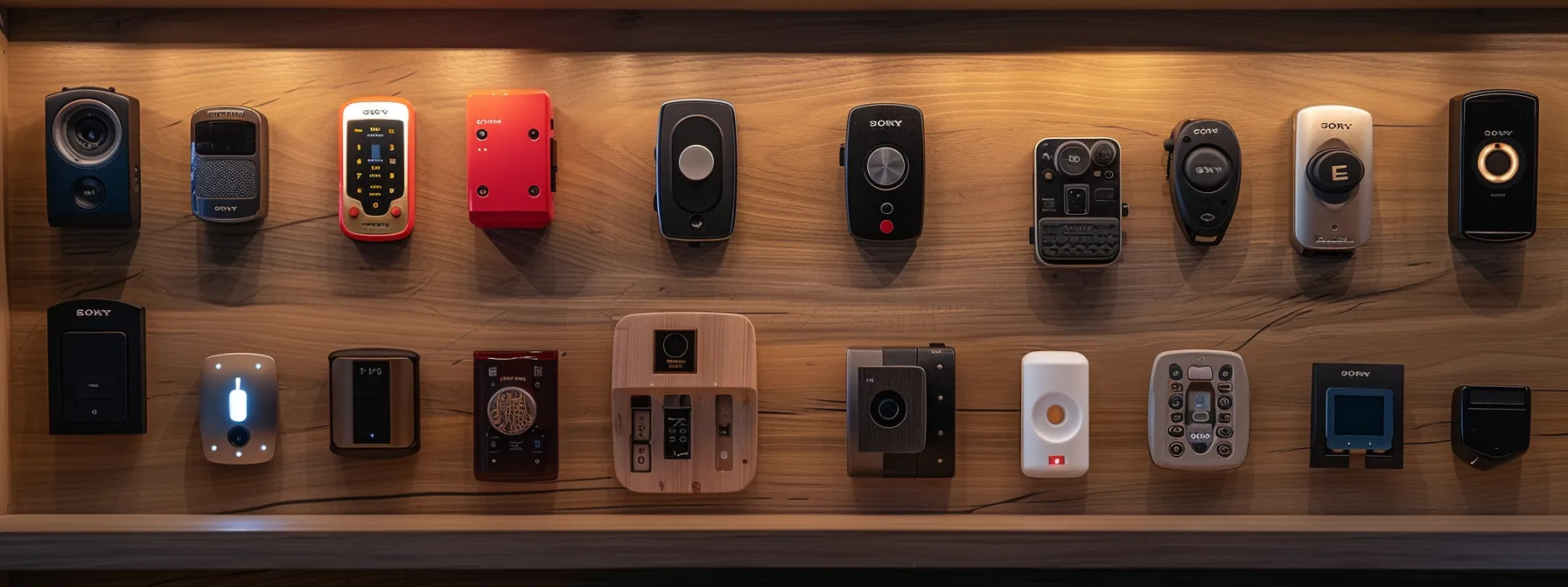 a collection of outdoor keysafes displayed on a shelf, showcasing different designs like mechanical combinations, electronic keypads, smart keysafes, and biometric entry systems.