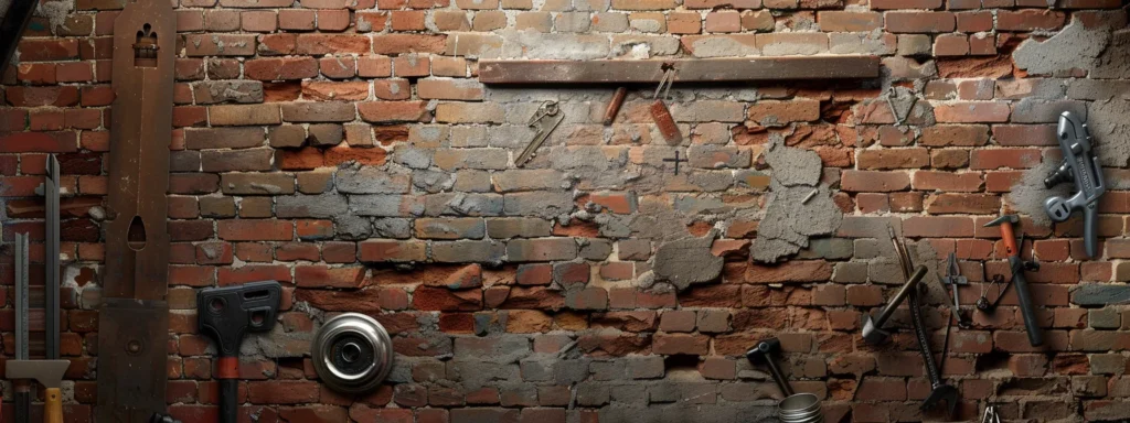 a frustrated homeowner struggles to align a keysafe on a brick wall, with tools scattered around.