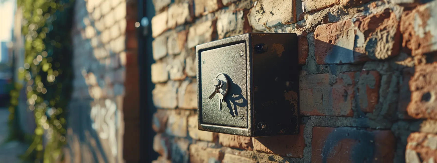 a keysafe being securely installed on a sturdy brick wall with clear instructions on a sunny day. a keysafe being securely installed on a sturdy brick wall with clear instructions on a sunny day.