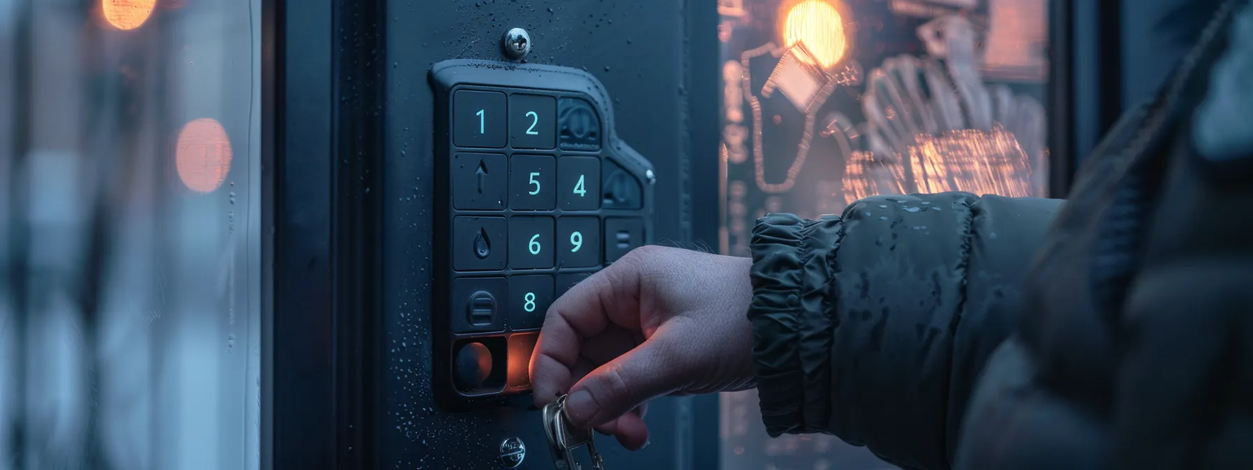 a person carefully entering a new, secure access code on a weathered outdoor keysafe. a person carefully entering a new, secure access code on a weathered outdoor keysafe.