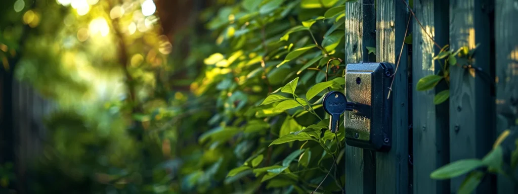 a secure, weatherproof keysafe attached to a sturdy fence in a lush green backyard garden.