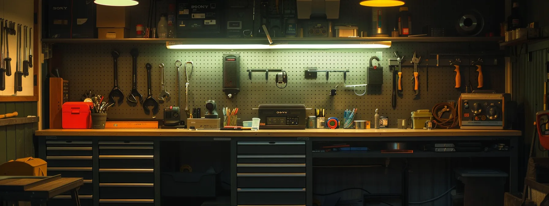 a set of tools and a keysafe placed on a table, with a flashlight illuminating the workspace in a dimly lit garage. a set of tools and a keysafe placed on a table, with a flashlight illuminating the workspace in a dimly lit garage.