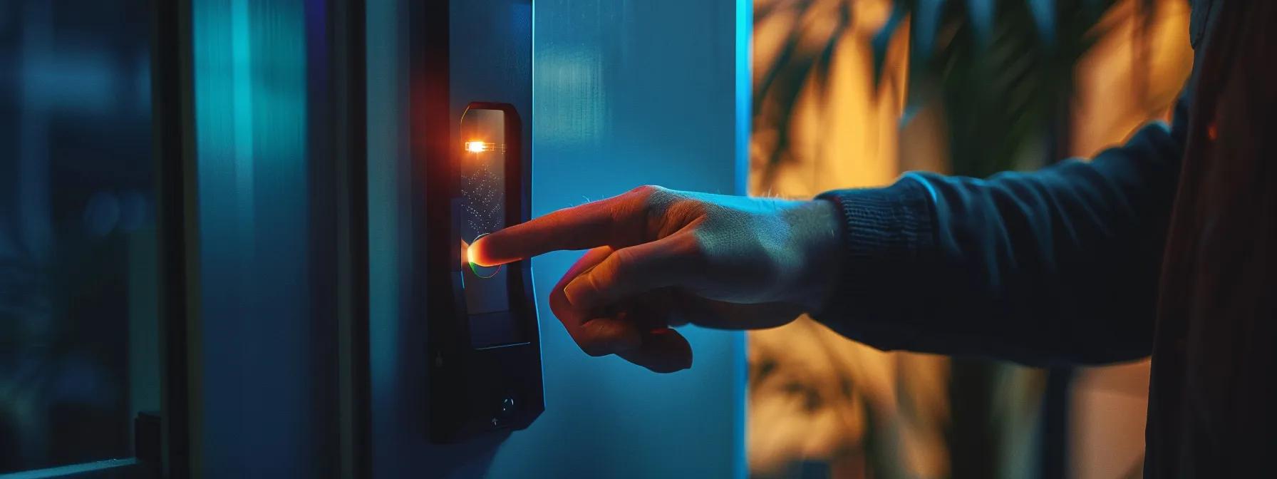 setting up a biometric keysafe with a sleek, futuristic design, glowing led display, and a user registering their fingerprint for access. setting up a biometric keysafe with a sleek, futuristic design, glowing led display, and a user registering their fingerprint for access.