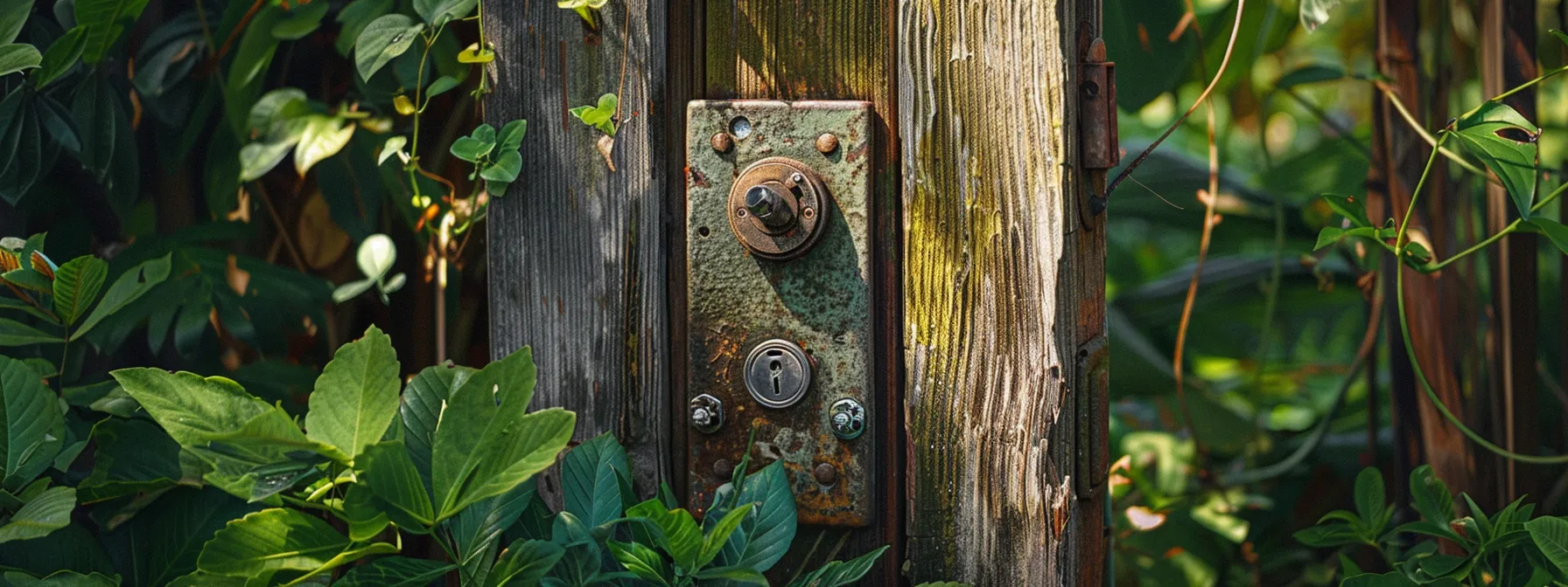 a sturdy keysafe being securely mounted on a weathered wooden fence in a lush green backyard. a sturdy keysafe being securely mounted on a weathered wooden fence in a lush green backyard.
