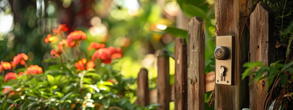 a sturdy keysafe mounted on a wooden fence in a lush garden setting, showcasing security and convenience for outdoor access.